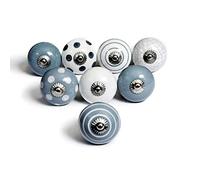 Set of 8 Ceramic knobs in White and Grey, Hand Painted with Different Designs. Handcrafted Handles for cabinets, Drawers, Dressers and Hangers. Classic knobs of 40mm Diameter.
