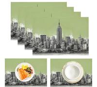 Set of 8 City Illustration Hand-Drawn New York Architecture Placemats - Cotton and Linen-Light Green Table Mats with Heat Resistance and Stain Protection, Suitable for Everyday Dining