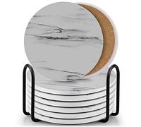 Set of 8 Coasters for Drinks,EAGMAK Absorbent Marble Style Ceramic Drink Coaster with Holder for Coffee Wooden Table Home Decor(Grey)