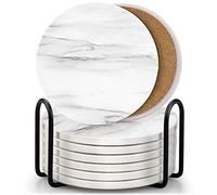 Set of 8 Coasters for Drinks,EAGMAK Absorbent Marble Style Ceramic Drink Coaster with Holder for Coffee Wooden Table Home Decor (White)