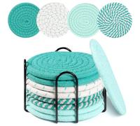 Set of 8 Coasters for Drinks, Round Woven Coaster Cotton Woven Coaster,Absorbent Drink Coasters,Handmade Braided Fabric Coasters,Water Absorbent Coaster Set with Holder (Blue)