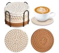 Set of 8 Coasters for Drinks, Round Woven Coaster Cotton Woven Coaster,Absorbent Drink Coasters,Handmade Braided Fabric Coasters,Water Absorbent Coaster Set with Holder