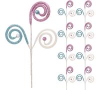 Set of 8 Glitter Curly Christmas Tree Picks Decorations, 33cm Swirl Curly Ball Sprays Faux Candy Stems for Xmas Tree Home Holiday Flower Arrangements Wreath Vase Craft Filler (Pink White Blue)