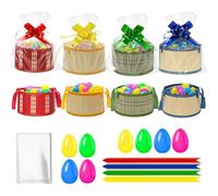 Set of 8 Large Easter Baskets Collapsible Easter Basket with Handles Ribbon Cellophane Bags with 24 Colorful Eggs for Easter Egg Hunt Basket Empty Gift (8-L)