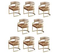 Set of 8 Low Back Upholstered Dining Chairs Cream Faux Leather & Brass Legs Comfy Accent Chairs for Kitchen Dining Room Milk Tea Shop Light Brown