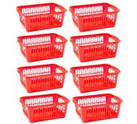 Set of 8 - Medium Plastic Storage Baskets | Office Home and Kitchen Handy Tidy Organiser, Plastic Shallow For Storage Shelf Baskets, Bathroom, School Classroom, Pharmacies 30 x 20 x 11 cm (Red)