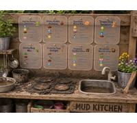 Set of 8 Mud Kitchen Recipe cards, Acrylic, UV printed, outdoor use