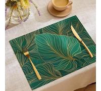 Set of 8 Placemats 45x30cm, Golden-Lined Leaves Placemats Luxurious Minimalist Plants Washable Place Mats Heat Resistant Cotton Linen Non-slip Place Mats for Kitchen Party Cafe Home Decor, Dark Green