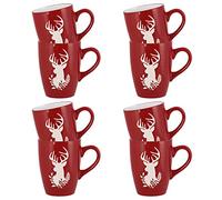 Set of 8 Red & White Reindeer Microwave Safe Tea Coffee Cup Mugs 310ml Stoneware Mug Set - D8cm (CR63)