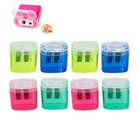 Set of 8 Sharpeners with Tin, Double Sharpener for Thick and Thin Pencils, with Container, Ideal for School, Office and Art Projects, Four Colours of Two Pieces