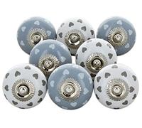 Set of 8 White Grey Hearts Ceramic Door Knobs Vintage Shabby Chic Cupboard Drawer Pull Handles by G Decor