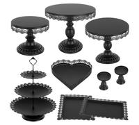 Set of 9 Cake Stand Dessert Display Plate Cake Tower & Cookie Tray (Black) | Set of 9 includes three-tier cake stand, rectangular trays, cupcake stands with bases, heart-shaped tray for birthday wedding