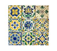 Set of 9 Decorative Ceramic Tiles - Hand Painted Indoor & Outdoor - Spanish Artisan Top Kitchen - Mediterranean Decorative Tilles 4x4 / One Tile - Durable Colorful - 140 g Each (Mediterranean)