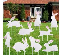 Set of 9 Easter Bunny Yard Signs Bunny Garden Lawn Signs Plastic Outdoor Lawn Sign White Rabbits Yard Decoration with Stakes for Easter Party Supplies Photo Props Patio Walkway