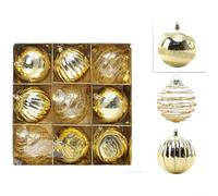 Set of 9 Plastic Christmas Ball Ornaments 8cm Diameter Featuring Hand Painted Patterns for Festive Holiday Use (Golden)
