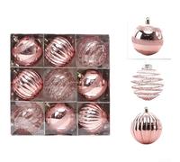 Set of 9 Plastic Christmas Ball Ornaments 8cm Diameter Featuring Hand Painted Patterns for Festive Holiday Use (Pink)