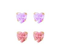 Set of 9ct Yellow Gold Pink + Lilac Heart Cubic Zirconia Stud Earrings