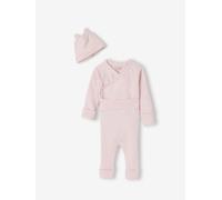 Set of baby bodysuit, leggings and striped beanie marl pink