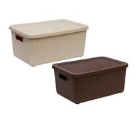 Set of Beige & Brown - 14L Litre Large Plastic Storage Box with Lid & Integrated Handle | Utility Box | Rectangular Rib Box | Multipurpose Stackable Storage Organiser | Ideal for Home Office Use