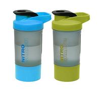 Set of Blue and Green - Nitro Plastic Protein Shaker Bottle On The Go with Rust-Free Steel Spring Ball Flip Cap BPA Free Detachable Storage Cup Spill Proof Gym Sports Supplements Measurable - 600 ml