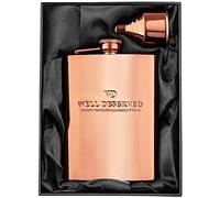 Set of Copper Flask 8oz, Funnel, Pouch, Gift Box. Gift Ideas For Copper 7th Anniversary For Men, Women, Him, Her. Engraved Well-Deserved. Rose Gold Flask