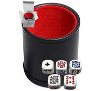 Set of Dice Cup Black PU Leather w/Plush Red Felt Lined + Poker Dice White Rounded Corners Clubs Ace (Gift Boxed)