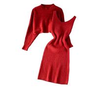 Set of Dress and Jumper - Women's 2-Piece Knitted Dress Y2K Rib Knit Evening Dresses Long Sleeve Elegant Cocktail Dress Spring Winter Clothing Festive Party Outfit Short Knitted Jumper + Long Jumper