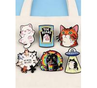 Set of Enamel Pins - 6 Cute Cartoon Kitten Brooches, Funny UFO Abduction Badges for Backpacks, Jackets and Hats, Creative Gift