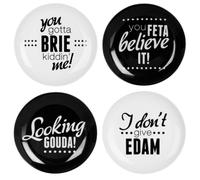 Premier Housewares Pun and Games Cheese Plates, White/Black, Set of 4