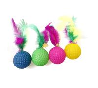Set of Four Feather Tail Cat Toys with Textured, Colourful Balls | Four round textured balls in blue, green, pink and yellow each have a cluster of bright feathers attached at the top