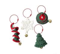 Set of Four Hand Knitted Crochet Christmas Tree Ornaments Using Wool Yarn, Designed for Hanging on Car Mirrors, Doors, Walls, and Suitable for Holiday Decoration Purposes