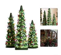 Set of Hand Painted Retro Tabletop Christmas Trees with LED Lighting and Timer, for Crafting a Festive Holiday Village on Shelves or Desks (10cm)