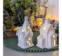 Set of LED White Ceramic Church and House with Batteries Christmas LED Village Scene Decoration