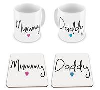 Set of Mummy & Daddy Lovely Novelty Gift Mugs & Coasters