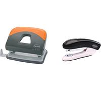 Set of Orange and Grey Colour Ergonomic Line Two Hole Punch Machine 25 Sheet Capacity with Black and White Flat Clinch Plastic Stapler 16 Sheet Capacity Rubber Base Office Desktop School College