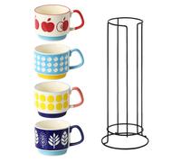 Set of rack and 4 Ceramic Mugs with Fun Patterns, 300ml Colorful Coffee Cups (Apple, Dots, Leaf, Stripe)