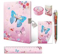 Set of Secret Diary for Girls, 6Pcs Gifts Stationery Set for Girls incl. Butterfly Diary with Lock 6 Multicolor Pen Memo Ruler Eraser Sharpener Kids Notebook for Girls Birthday Presents Age 5-10 Year