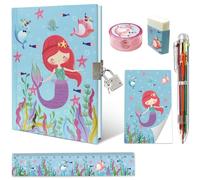 Set of Secret Diary for Girls, 6Pcs Stationery Set incl. Mermaid Diary with Lock 6 Multicolor Pen Memo Ruler Eraser Sharpener Kids School Supplies Kit for Girls