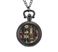 Set of Stamps with The Union Jack Pocket Watch Vintage Quartz Pocket Watches with Chain for Men Women Black-Style