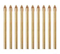Set of ten 6mm glass drill bits with triangular carbide alloy heads for effective drilling on glass, tile, marble, and mirror materials with low cutting resistance (Gold)