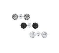 Set of Three Black Silver Clear Pave Crystal Disco Ball Stud Earrings for Women and Teens Round, Simple, Basic Design .925 Sterling Silver 8MM