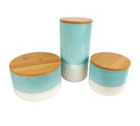 Set of Three Canisters Aqua Green Ceramic Storage Jars with Lids - White
