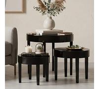 Set of Three Chunky Black High Gloss Round Tops Nesting Tables with Pine Wood Le