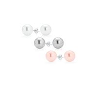 Set of Three Classic Simple Elegant Large Light Grey Pink White Simulated Pearl Ball Stud Earrings For Women Teens .925 Sterling Silver 12MM