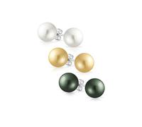 Set of Three Classic Simple Elegant Light Golden Yellow Bridal White Black Peacock Simulated Pearl Ball Stud Earrings For Women Teens .925 Sterling Silver 10MM
