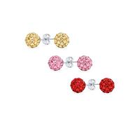 Set of Three Elegant .925 Sterling Silver Round 8MM Glittering Pave Crystal Disco Ball Red Yellow Pink Stud Earrings for Women Teens