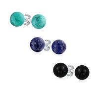 Set of Three Large 10MM Natural Lapis Turquoise Onyx Gemstone Round Bead Ball Stud Earrings .925 Sterling Silver for Women Teens
