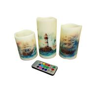 Set of Three LED Pillar Candles Nautical Themed Real Wax Flameless Colour Changing with Remote Control and Timer Lighthouse Ship Anchor Compass Ocean Marine Home Decoration Handcrafted Safe Candles