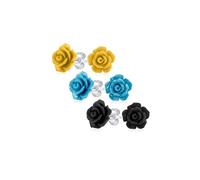 Set of Three Romantic Delicate Floral 3D Carved Blue Yellow Black Rose Flower Stud Earrings For Women Teen For Mother Silver Plated