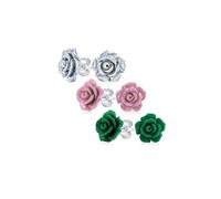Set of Three Romantic Delicate Floral 3D Carved Dark Green Violet Mauve Silver Rose Flower Stud Earrings For Women Teen For Mother Silver Plated